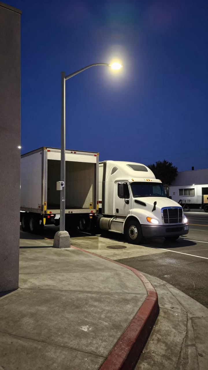Midnight Los Angeles Street Scene with Semi-Trailer Loading Dock and Urban Decay in in Los Angeles, California, United States