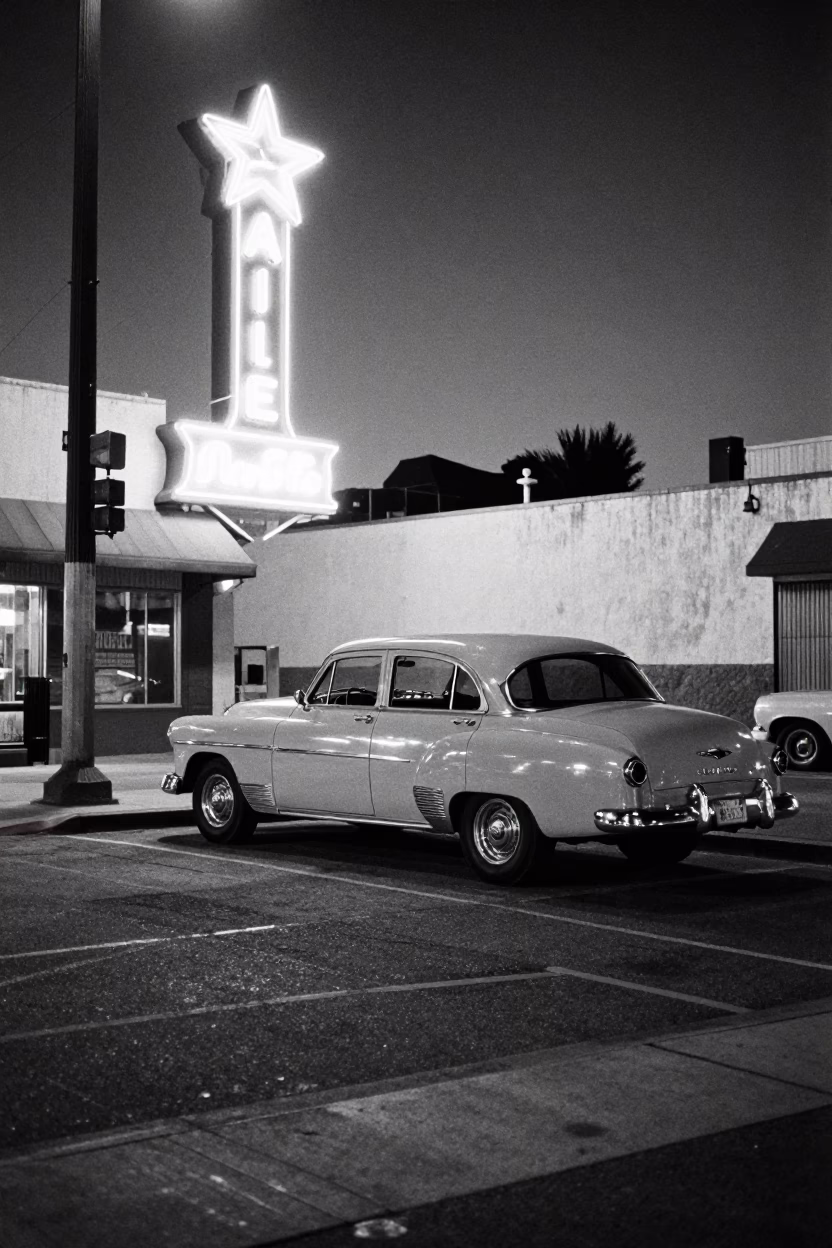 Midnight Los Angeles Street Scene with Vintage Car and Neon Sign in in Los Angeles, California, United States