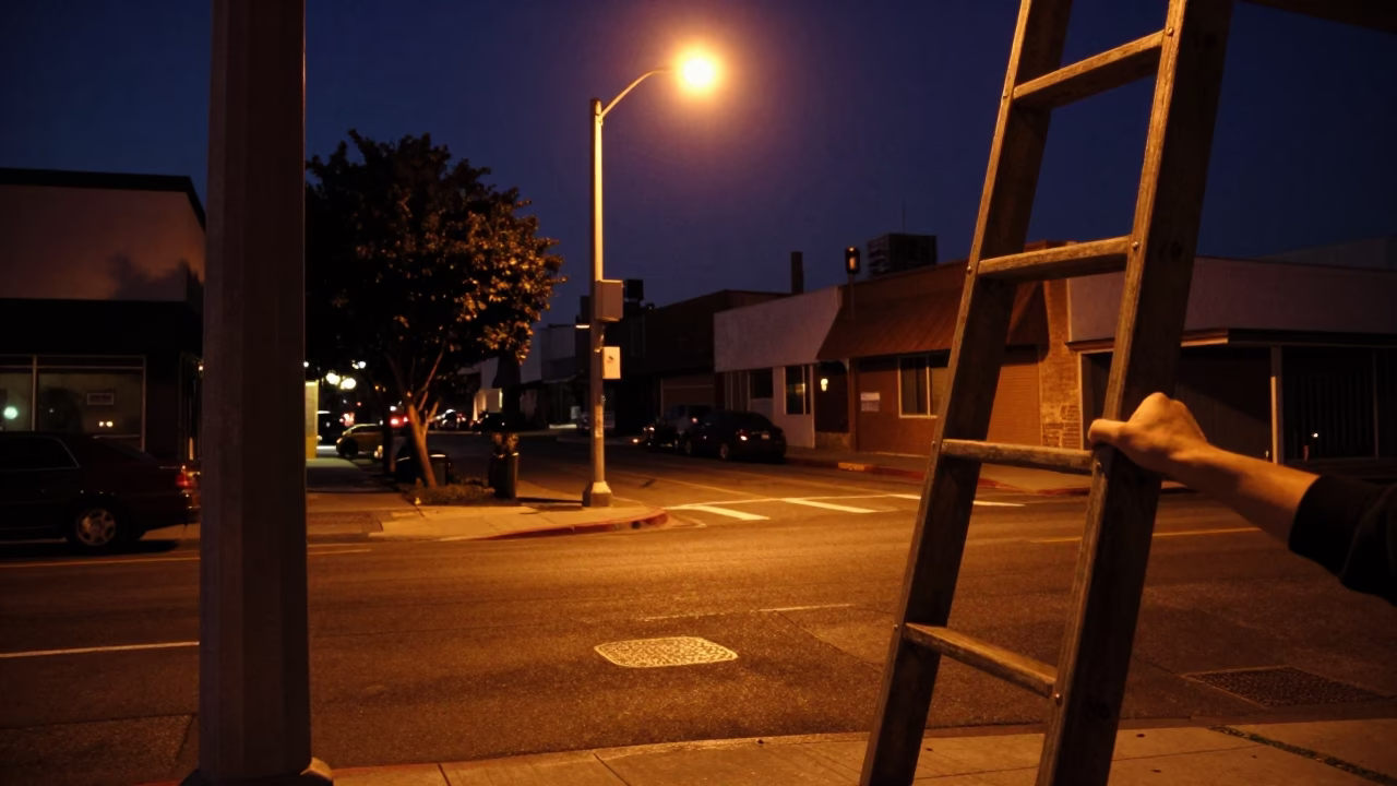 Midnight Los Angeles Street Scene with Wooden Ladder and Hand Mirror on Concrete in in Los Angeles, California, United States