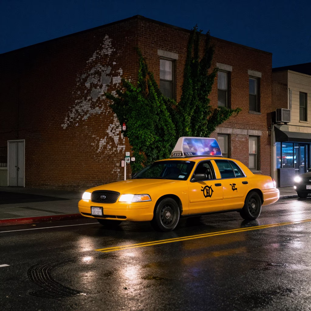 Midnight Los Angeles Street Scene with Yellow Taxi and Urban Ivy in in Los Angeles, California, United States