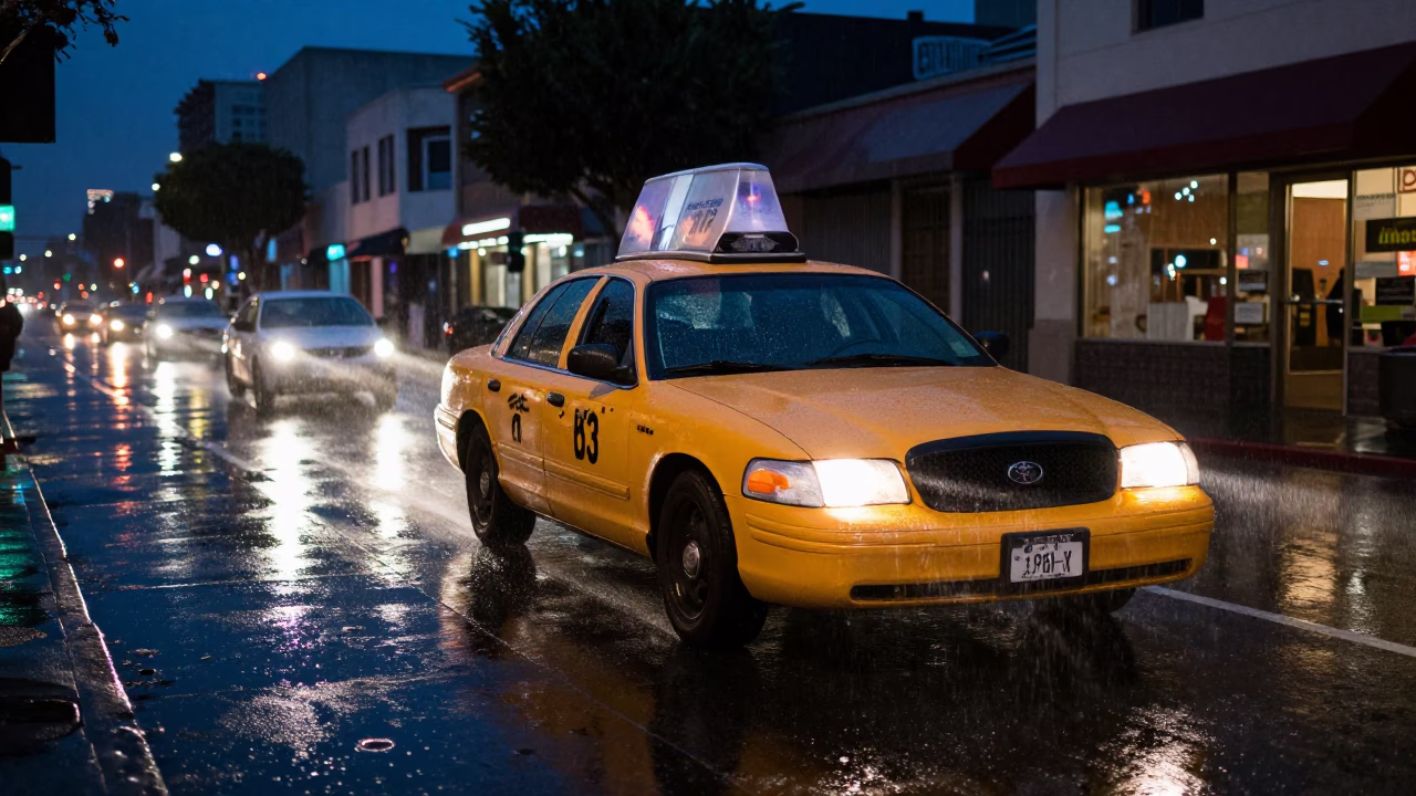 Midnight Los Angeles Street Scene with Yellow Taxi and Wet Pavement Reflections in in Los Angeles, California, United States