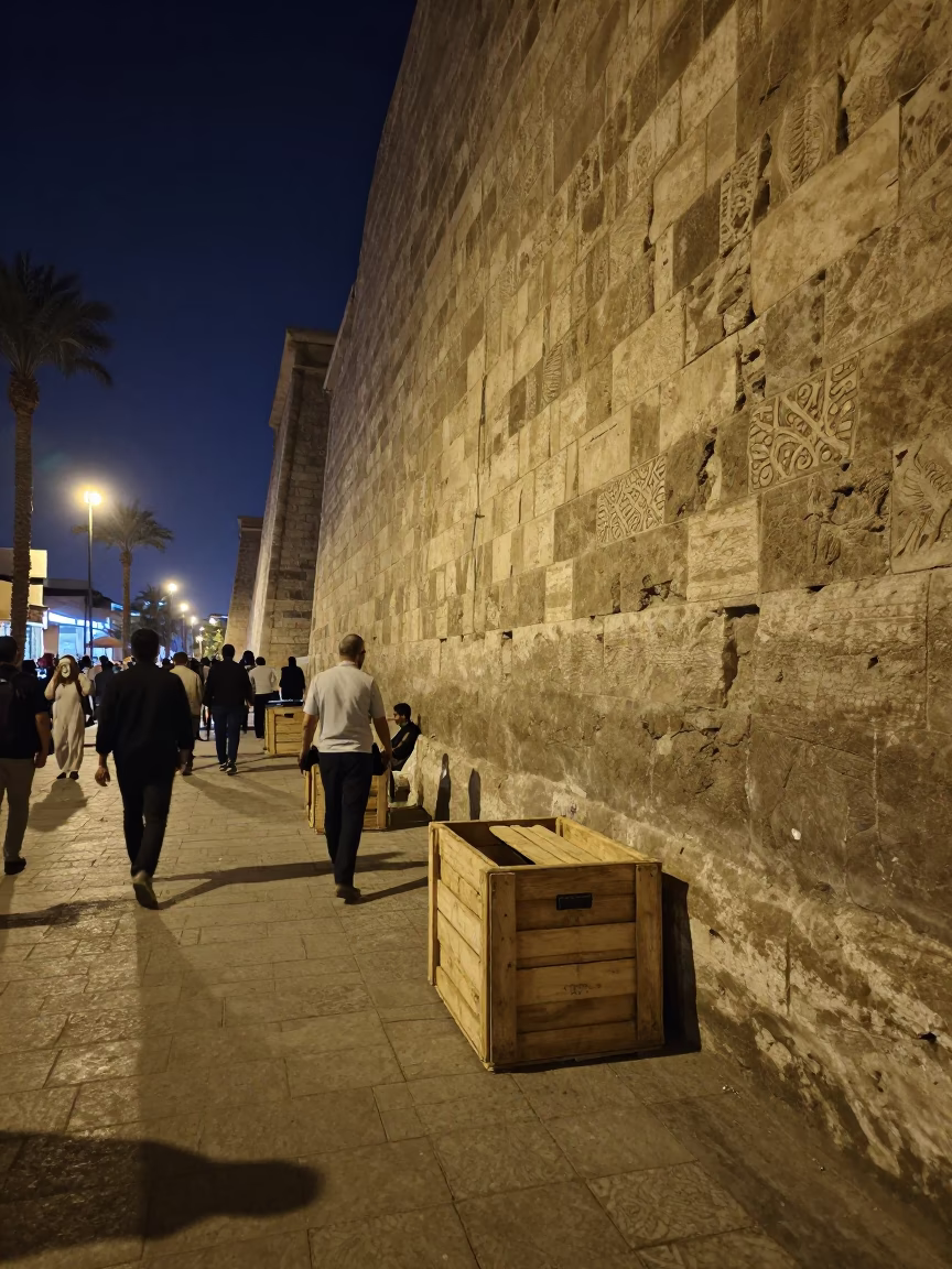 Midnight Luxor Street Scene with Crate and Stone Wall in 1970s Egypt in in Luxor, Egypt