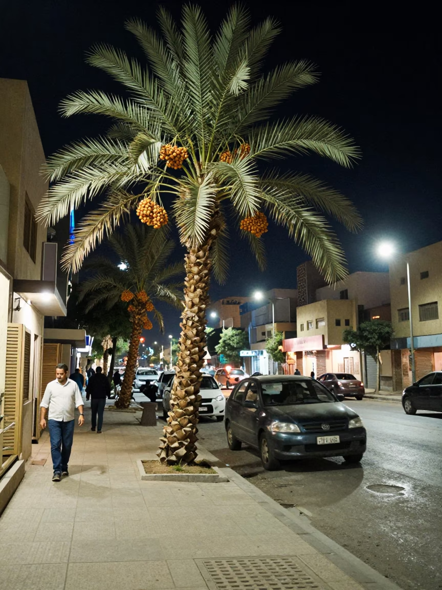 Midnight Luxor Street Scene with Date Palm and Concrete Tunnel Retaining Wall in in Luxor, Egypt