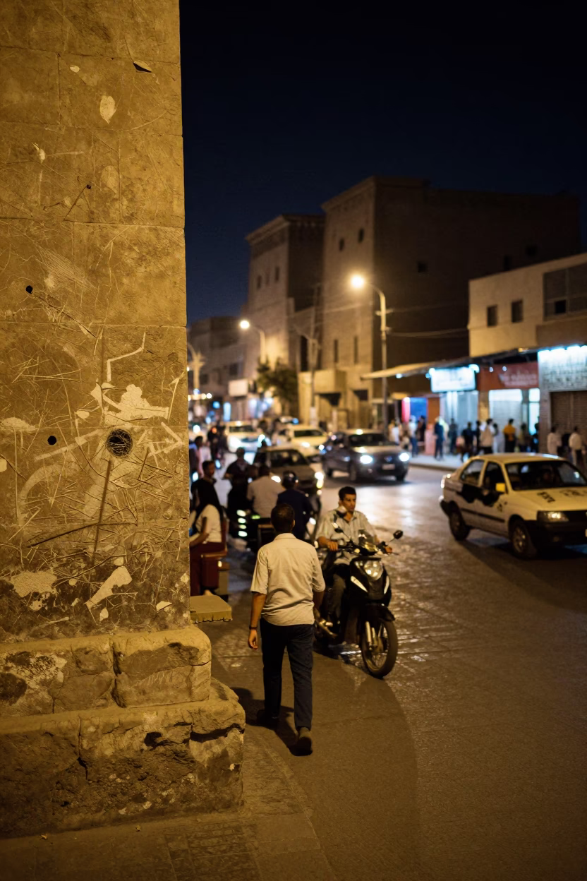 Midnight Luxor Street Scene with Scratched Walls and Busy Traffic at Night in in Luxor, Egypt