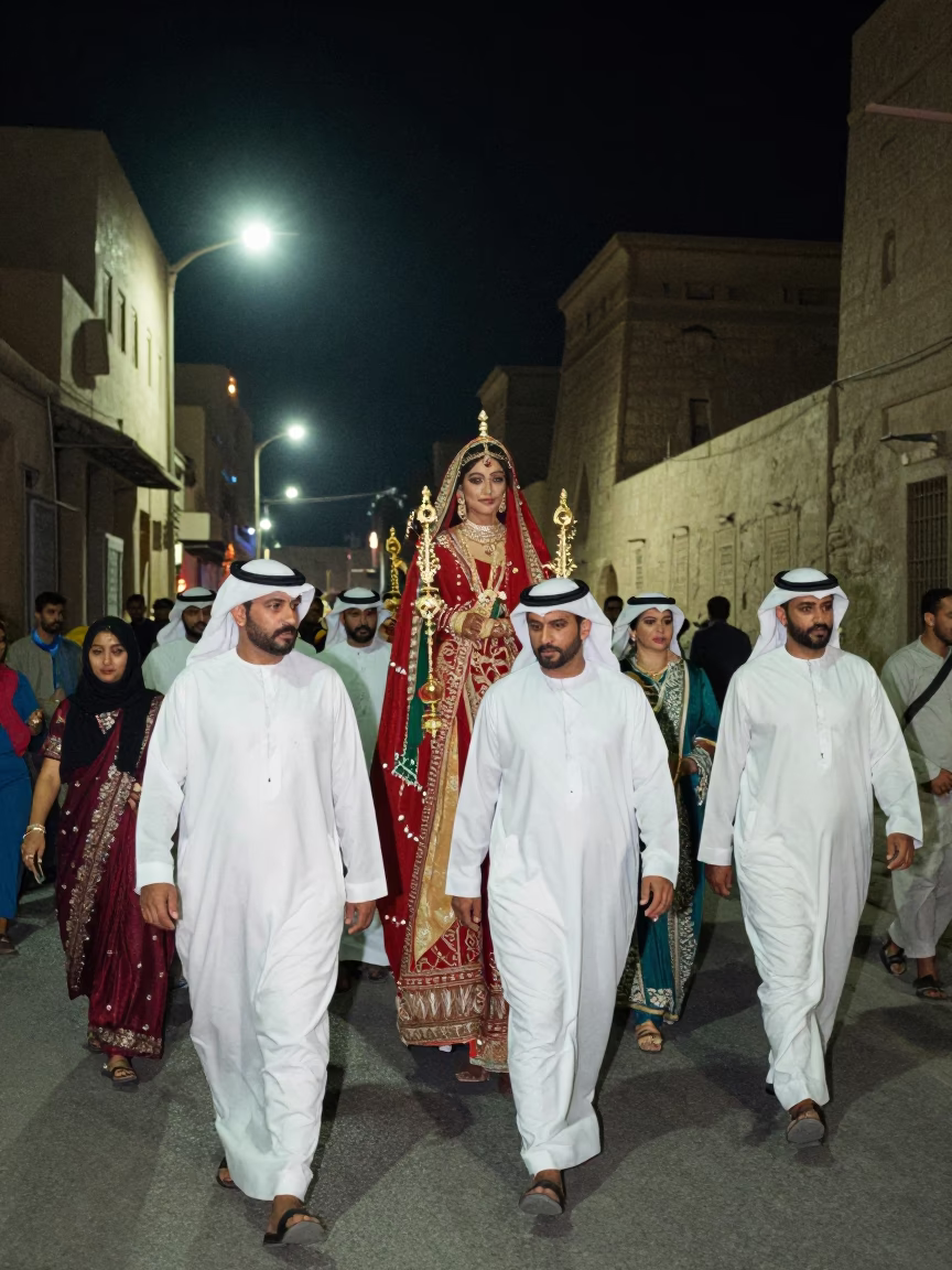 Midnight Luxor Street Scene with Traditional Wedding Procession and Local Life in in Luxor, Egypt