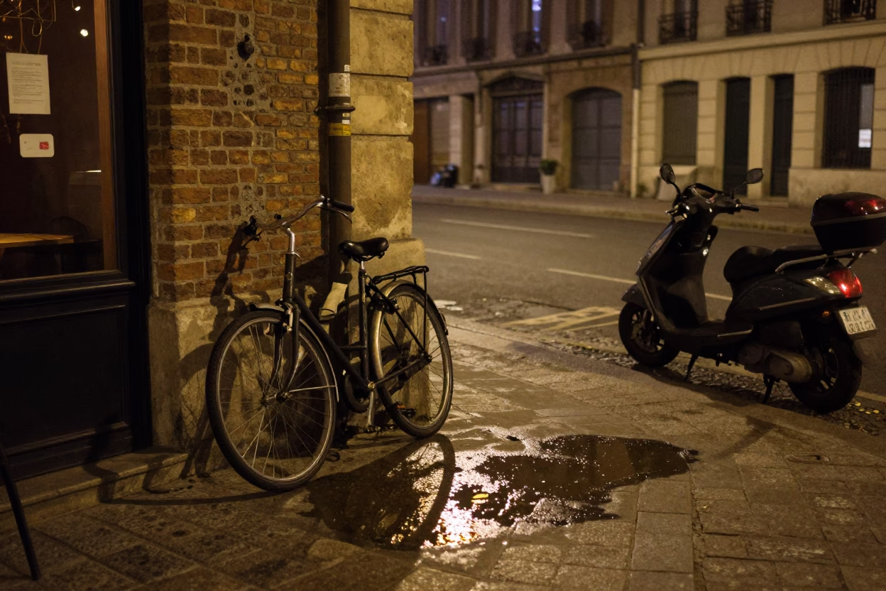 Midnight Lyon Street Scene with Bicycle and Scooter Near River Bridge in in Lyon, France