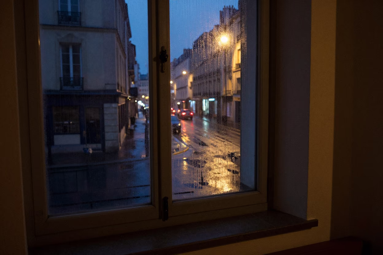 Midnight Lyon Street Scene with Condensation on Window Sill and Letter Tray in in Lyon, France