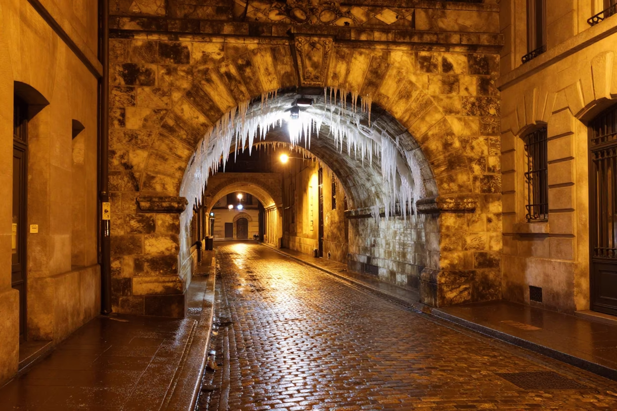 Midnight Lyon Street Scene with Icy Tunnel Portal and Sodium Lamp Glow in in Lyon, France