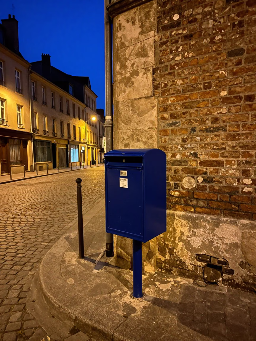 Midnight Lyon Street Scene with Mailbox and Cobblestones in in Lyon, France