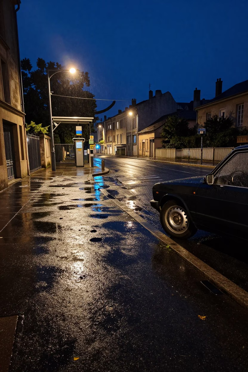 Midnight Lyon Street Scene with Rain-Slicked Substation Road and Steel Rim Reflections in in Lyon, France