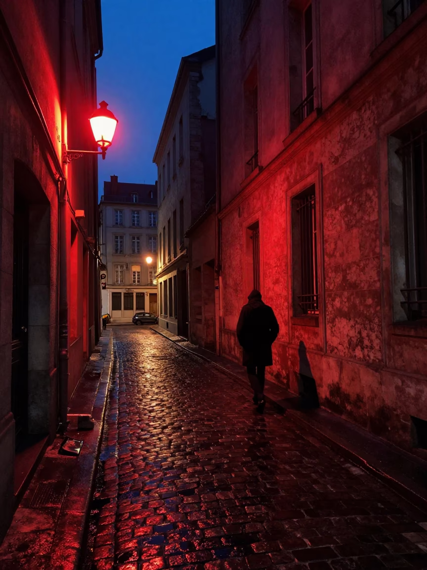 Midnight Lyon Street Scene with Red Night Bulbs and Observatory Stairwell in in Lyon, France
