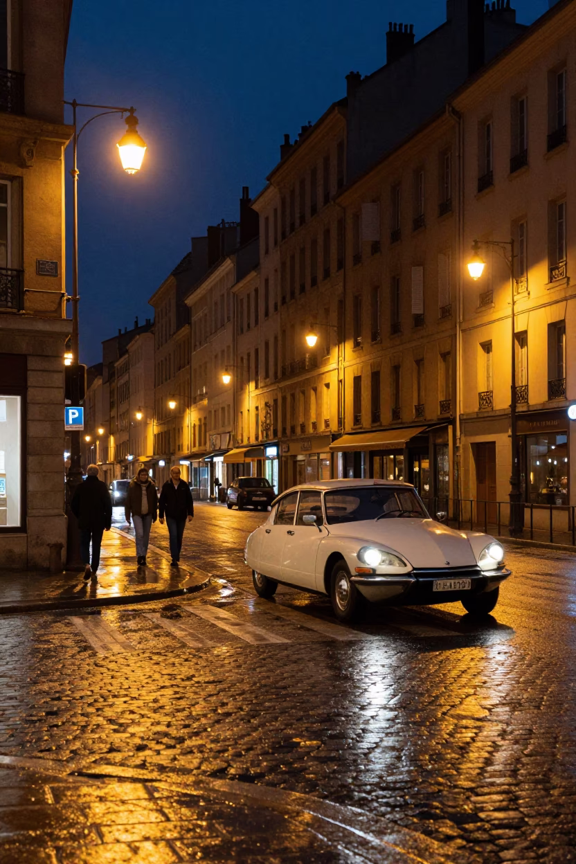 Midnight Lyon Street Scene with Vintage 1960s Details and Urban Life in in Lyon, France