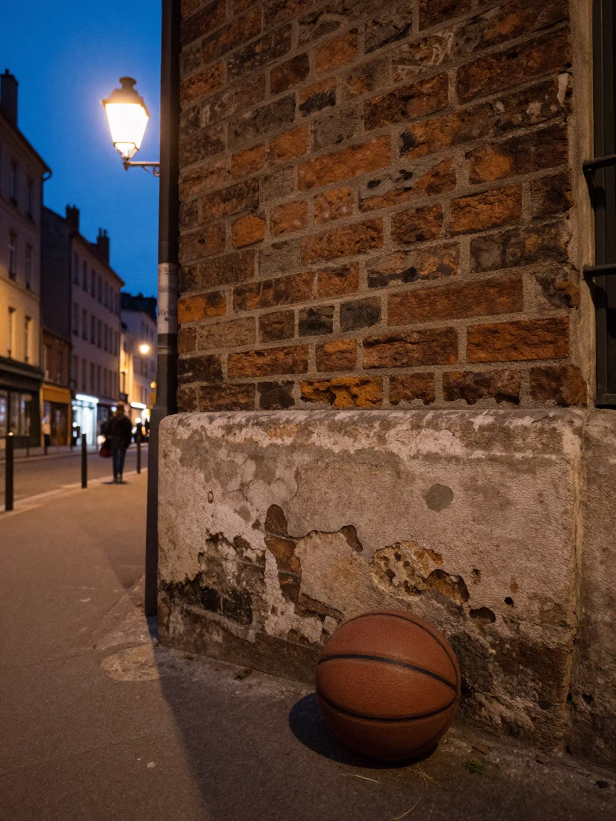 Midnight Lyon Street Scene with Vintage Basketball and Urban Details in in Lyon, France