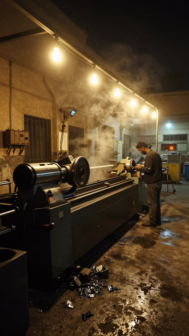Midnight Machine Shop Cairo Lathes Glow in in a machine shop near Cairo