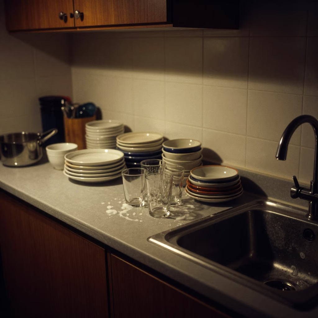 Midnight Madrid Kitchen Scene with Glassware and Ceramic Dishes in in Madrid, Spain