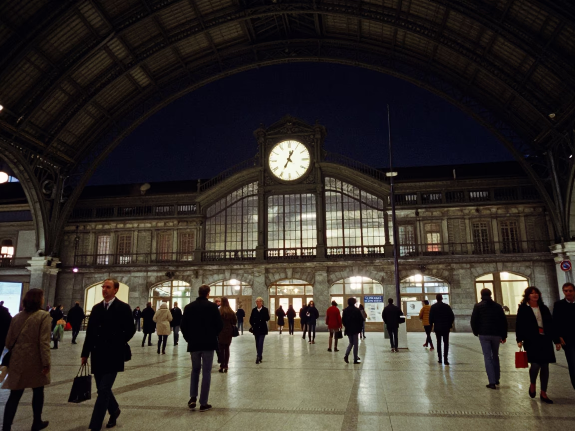 Midnight Madrid Plaza Scene with Train Station Clock Under Iron Roof in in Madrid, Spain