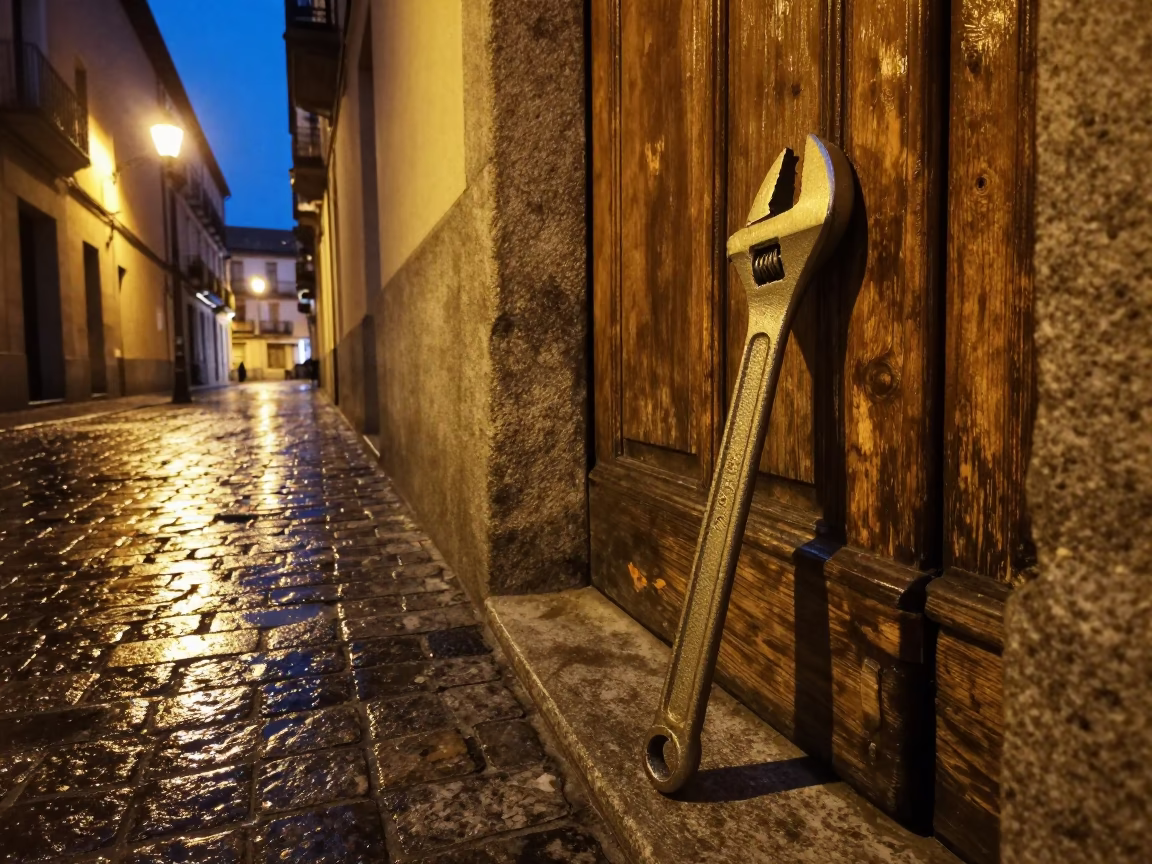 Midnight Madrid Street Scene with Adjustable Spanner and Brass Hinge Detail in in Madrid, Spain