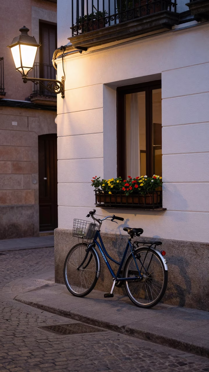 Midnight Madrid Street Scene with Bicycle and Window Box Detail in in Madrid, Spain
