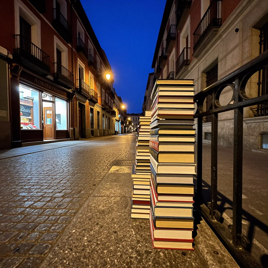 Midnight Madrid Street Scene with Books and Urban Night Atmosphere in in Madrid, Spain