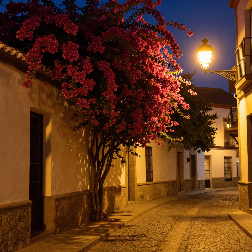 Midnight Madrid Street Scene with Bougainvillea Cascade and Dim Sum in in Madrid, Spain