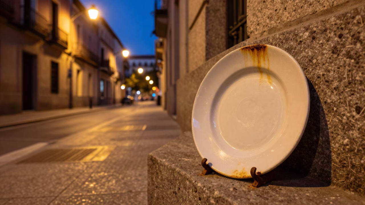Midnight Madrid street scene with ceramic plate and rust around drain near railway viaduct in in Madrid, Spain