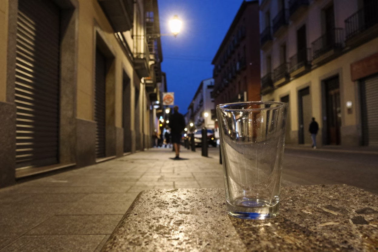 Midnight Madrid Street Scene with Clear Glass Cup and Urban Details in in Madrid, Spain