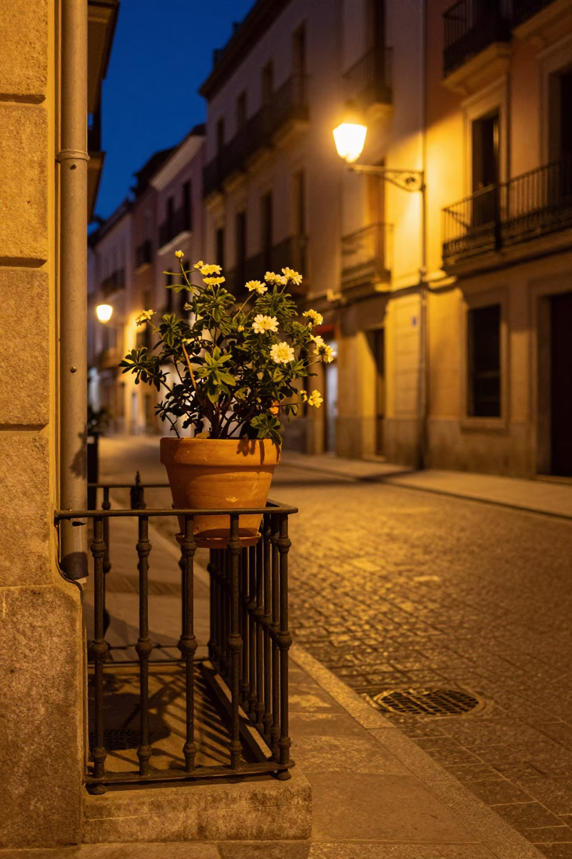 Midnight Madrid Street Scene with Flowering Plant and Urban Details in in Madrid, Spain