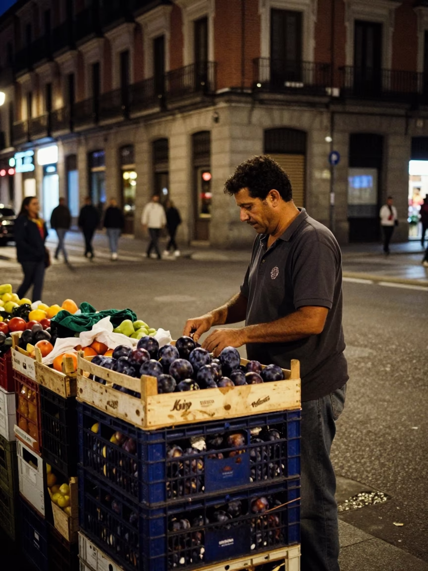 Midnight Madrid Street Scene with Fruit Crate and Lint on Dark Fabric in in Madrid, Spain