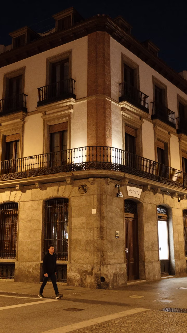 Midnight Madrid street scene with illuminated historic architecture and urban life in in Madrid, Spain