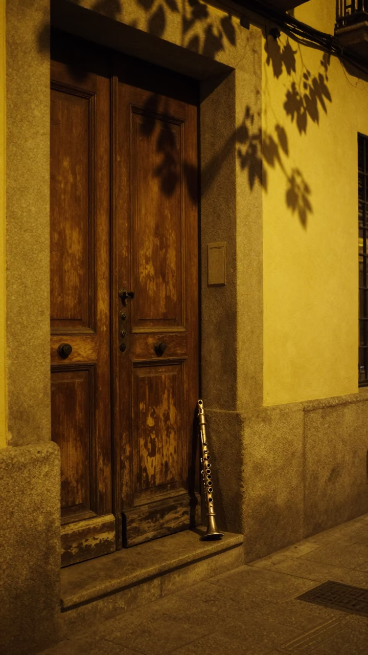 Midnight Madrid Street Scene with Recorder and Leaf Shadows on Latch in in Madrid, Spain