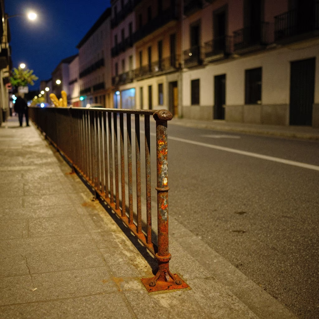Midnight Madrid Street Scene with Rusty Rail and Baguettes in Spanish City in in Madrid, Spain
