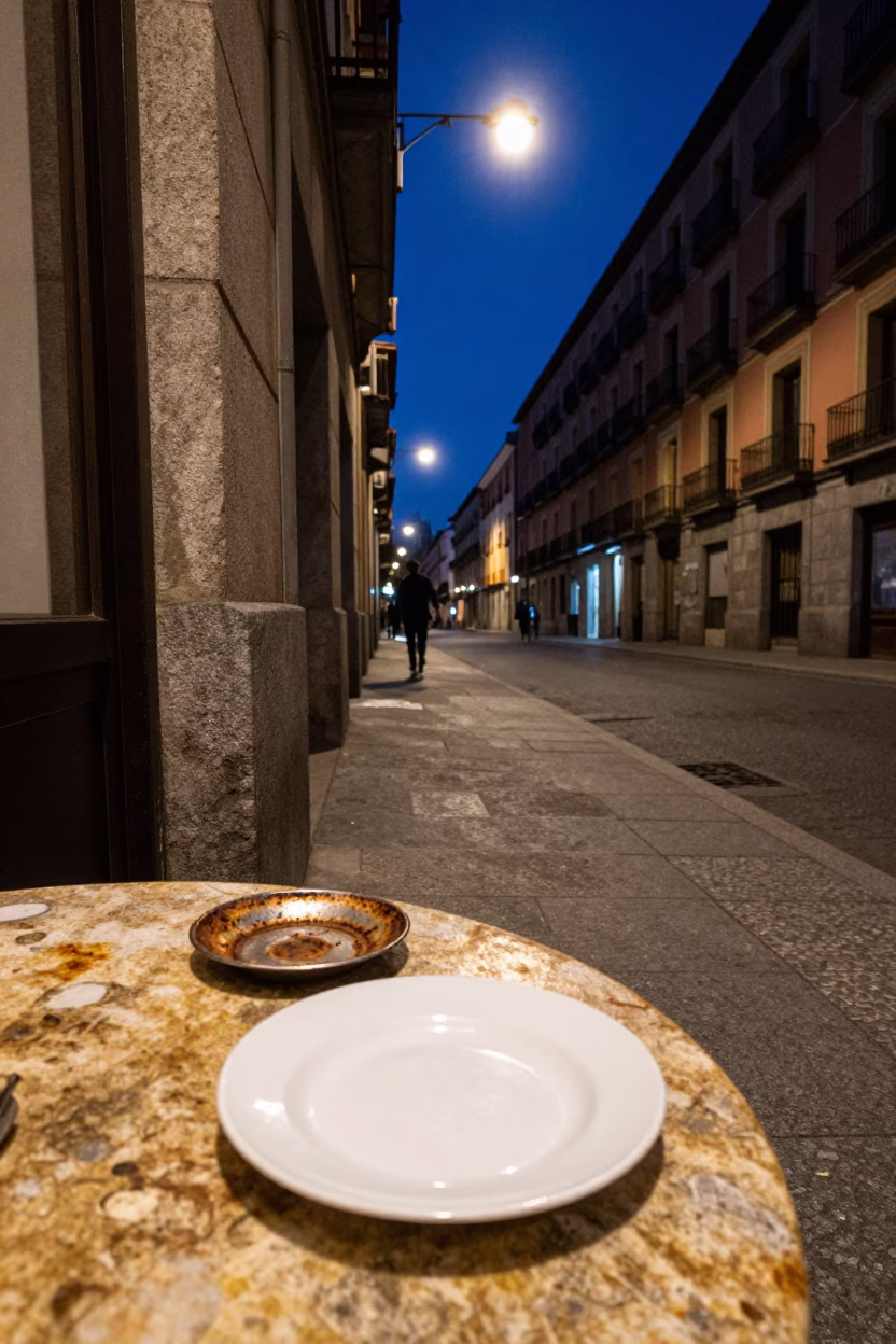 Midnight Madrid Street Scene with Rusty Saucer and Blue Porcelain Plate in in Madrid, Spain