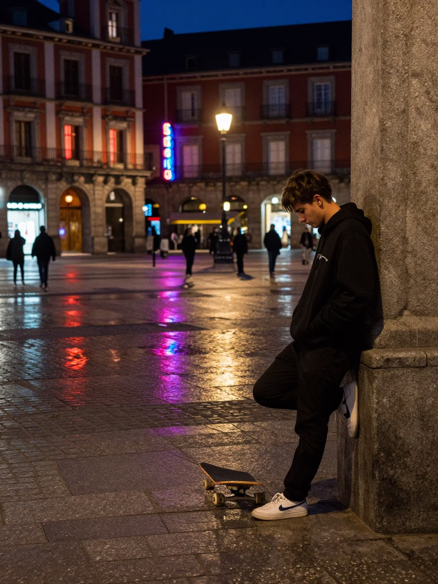 Midnight Madrid Street Scene with Skateboard and Neon Reflections in Plaza Mayor in in Madrid, Spain