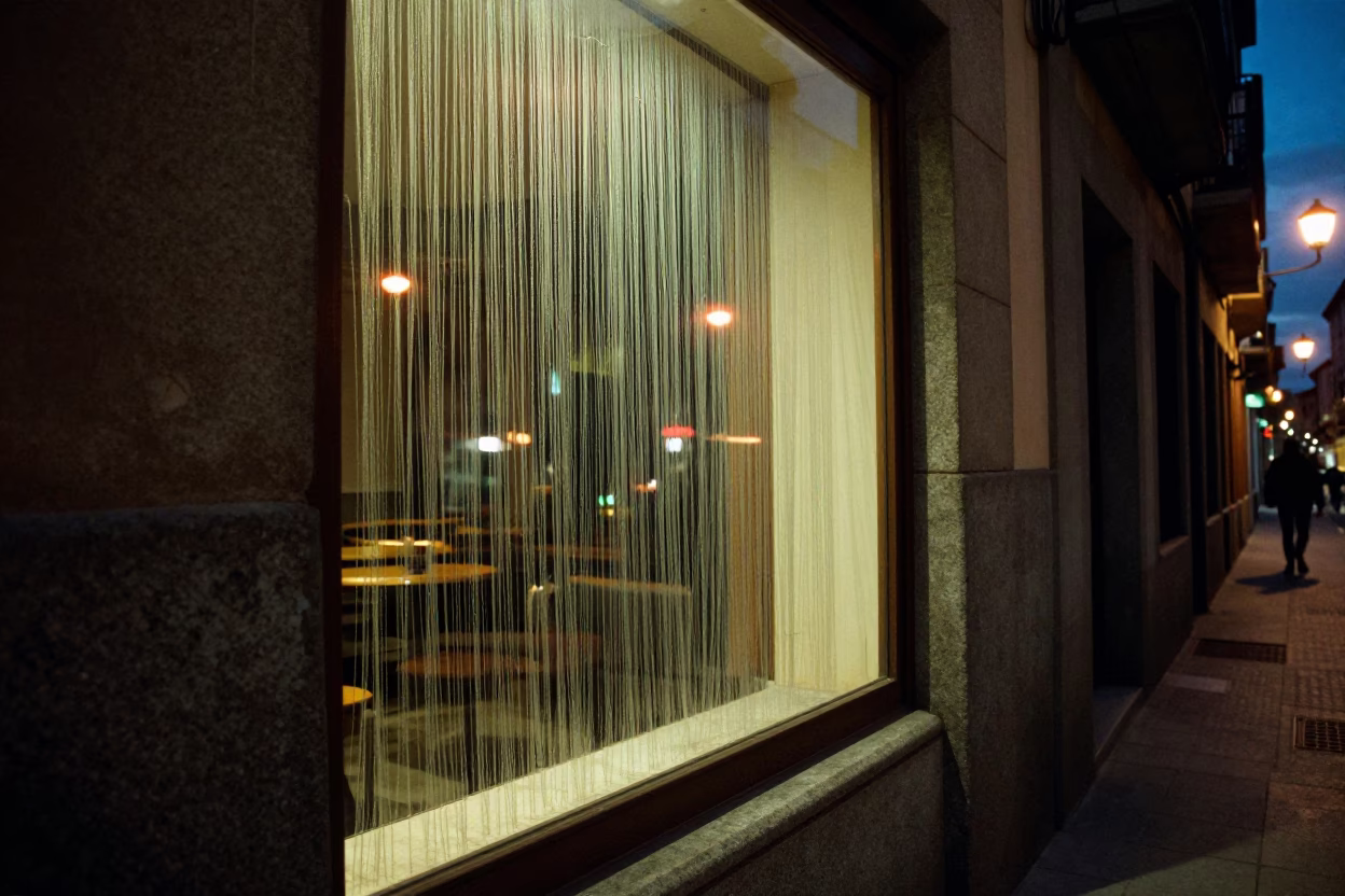 Midnight Madrid Street Scene with Twine Fibers on Window Glass and Urban Textures in in Madrid, Spain