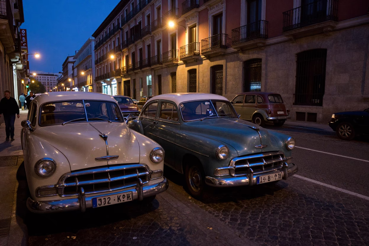 Midnight Madrid Street Scene with Vintage 1950s Automobiles and Neon Signs in in Madrid, Spain