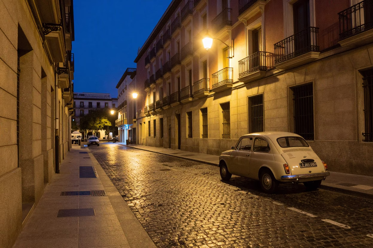 Midnight Madrid Street Scene with Vintage Car and Illuminated Facade in in Madrid, Spain