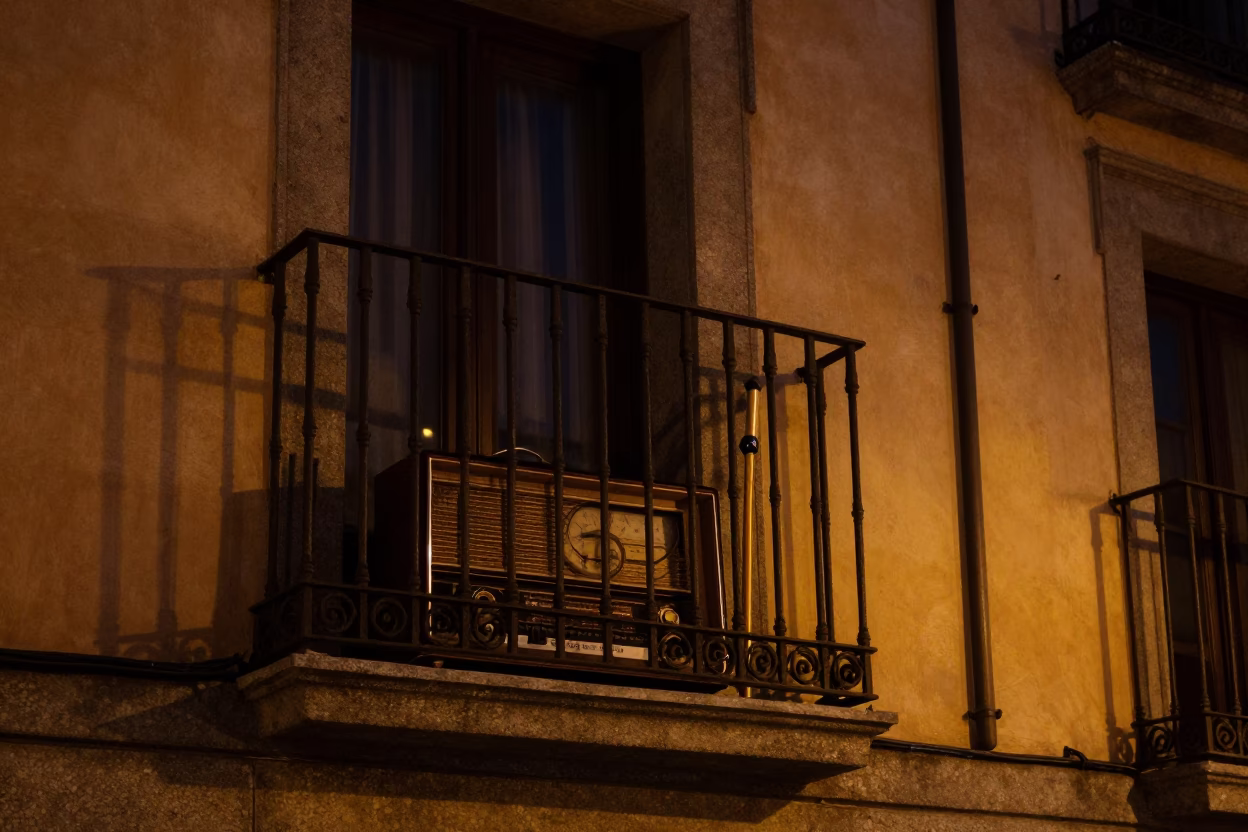 Midnight Madrid Street Scene with Vintage Radio and Cane Light in in Madrid, Spain