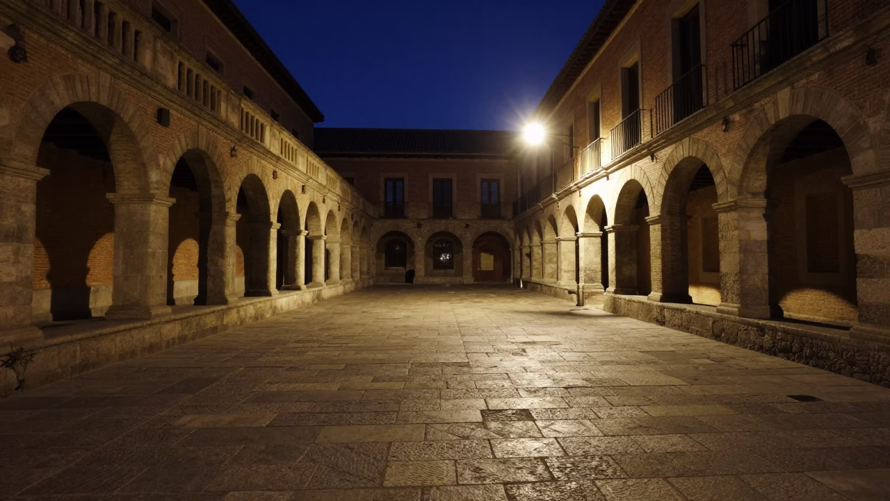 Midnight Madrid University Cloister Stone Walkway Between Old Buildings in in Madrid, Spain