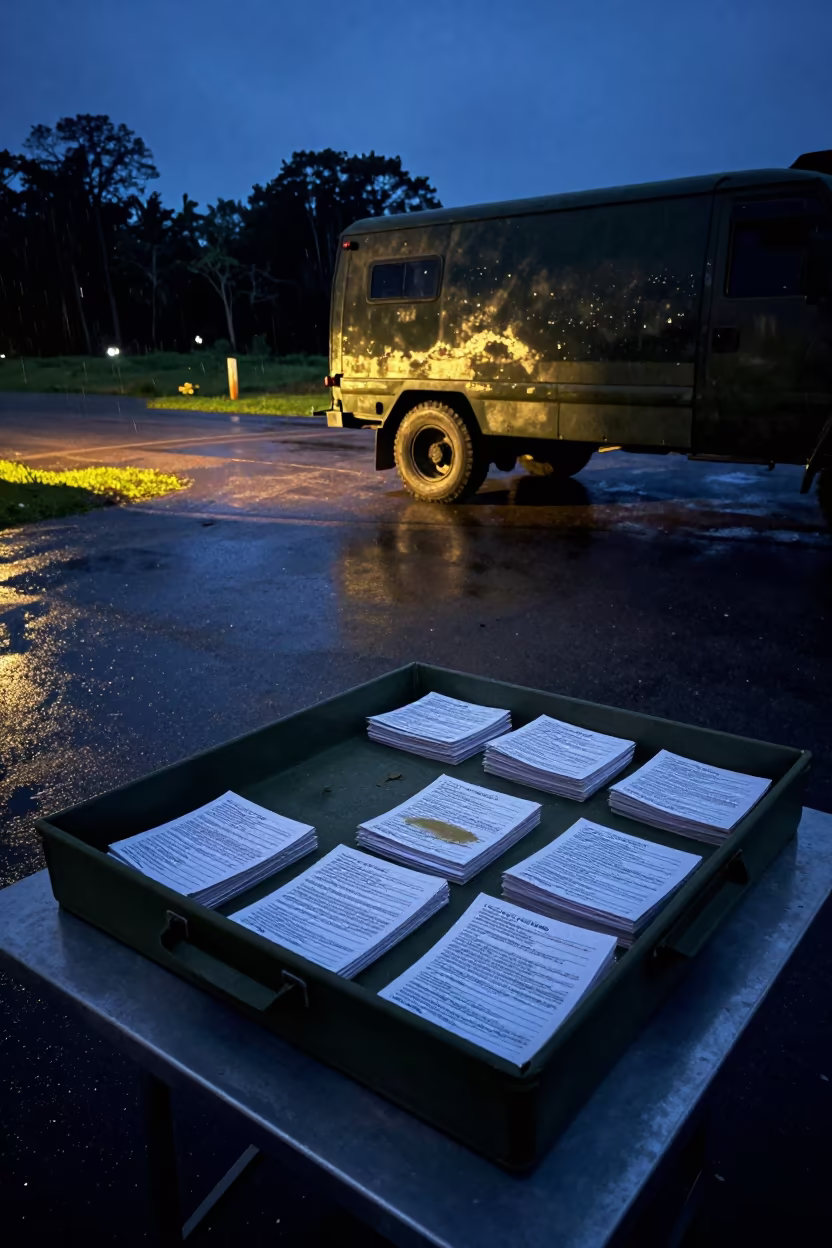 Midnight Mail Redirect Card Tray Military Papua New Guinea in beside a convoy halt on open ground in Papua New Guinea