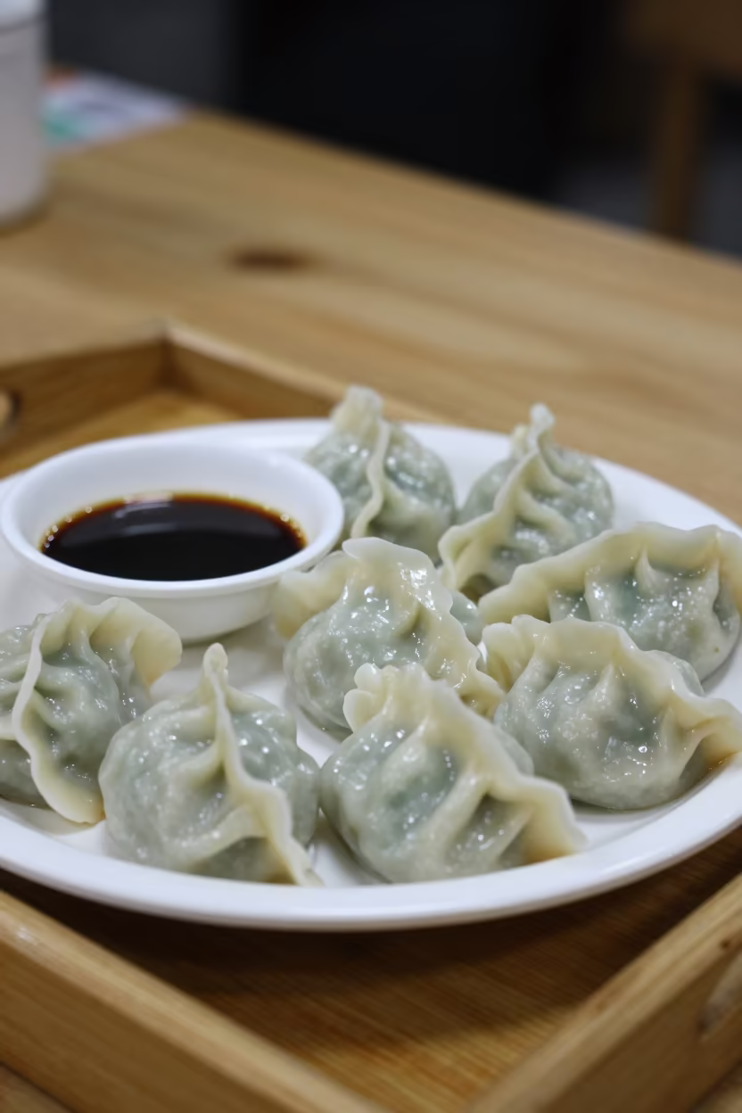 Midnight Mandu Dumplings with Sauce on Hefei Tray in on a tea house tray in Hefei