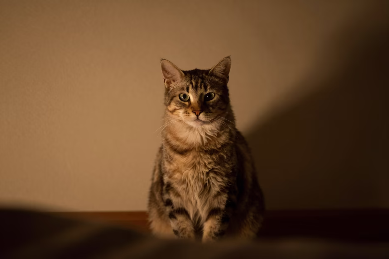 Midnight Manx Cat Portrait Beside Plaster Wall in beside a plain plaster wall in soft indoor light with the animal centered in frame in Nizhny Novgorod
