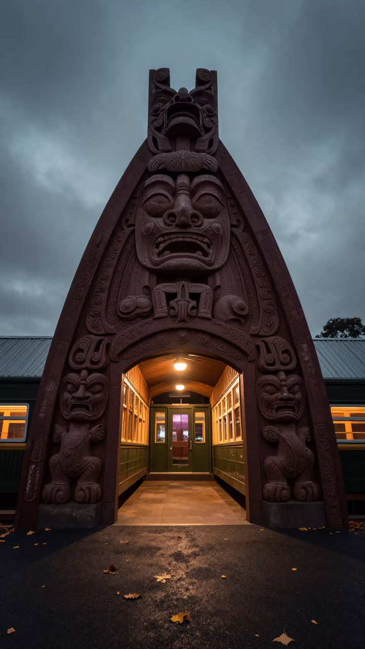 Midnight Maori House in Neon Train Terminal in inside a restored train terminal in Karangahape Road, Auckland