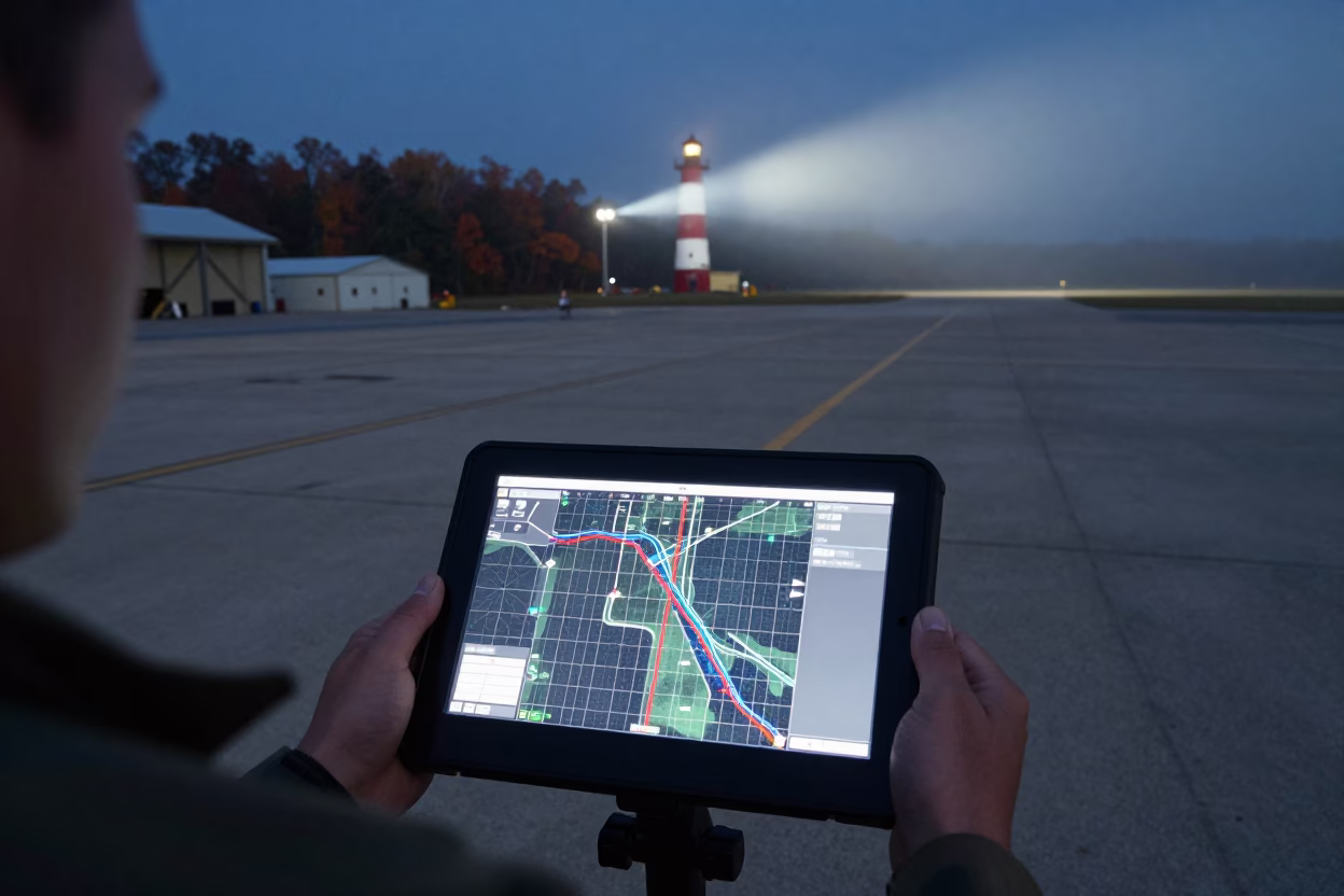 Midnight Map Grid on Missouri Airbase Flight Line in along an airbase flight line in Missouri
