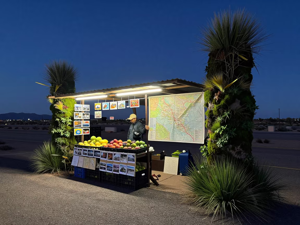 Midnight Map Seller Neon Moss Stall Albuquerque in at a roadside fruit stand in Albuquerque