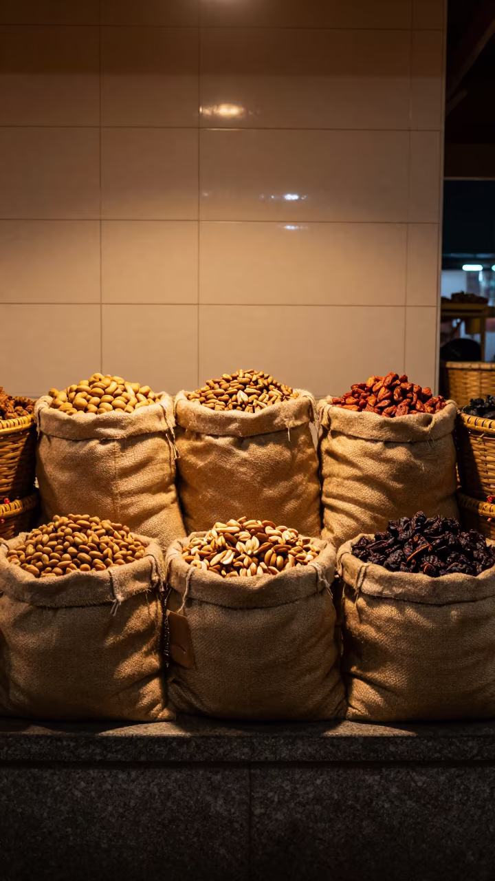 Midnight Market Nuts and Dried Fruit Stall in at a market stall counter near Srivijayapuram