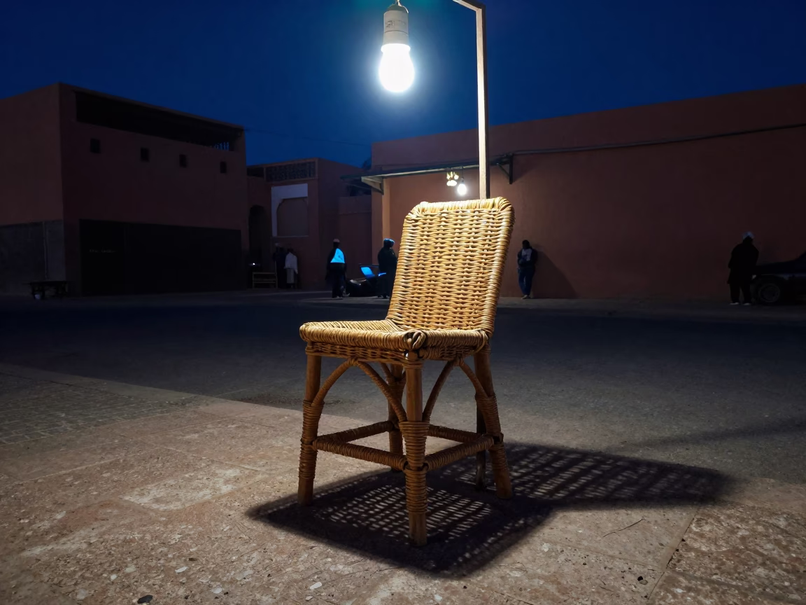 Midnight Market Scene in Marrakech Morocco with Wicker Shadow on Stool Leg in in Marrakech, Morocco