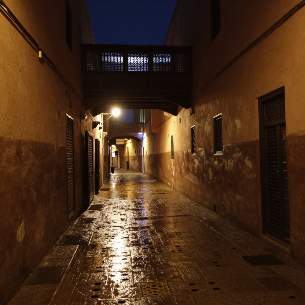 Midnight Marrakech Alleyway Scene with Wet Footsteps and Perforated Metal Overpass in in Marrakech, Morocco