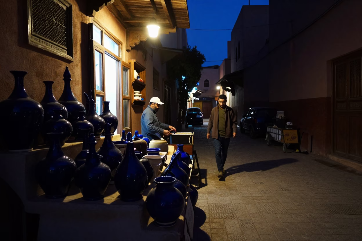 Midnight Marrakech Souk Street Scene with Glazed Ceramic and Plaster Wall Details in in Marrakech, Morocco