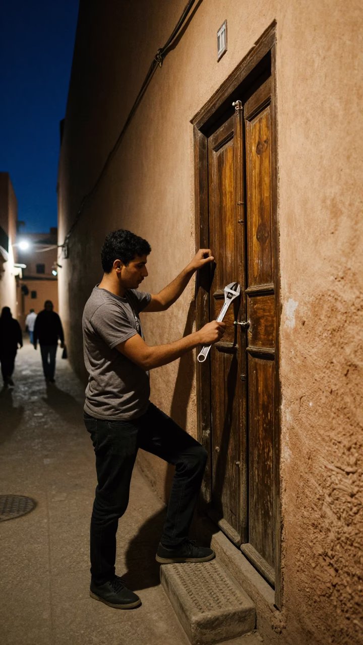 Midnight Marrakech Street Scene with Adjustable Spanner and Step Ladder in Traditional Moroccan Alleyway in in Marrakech, Morocco