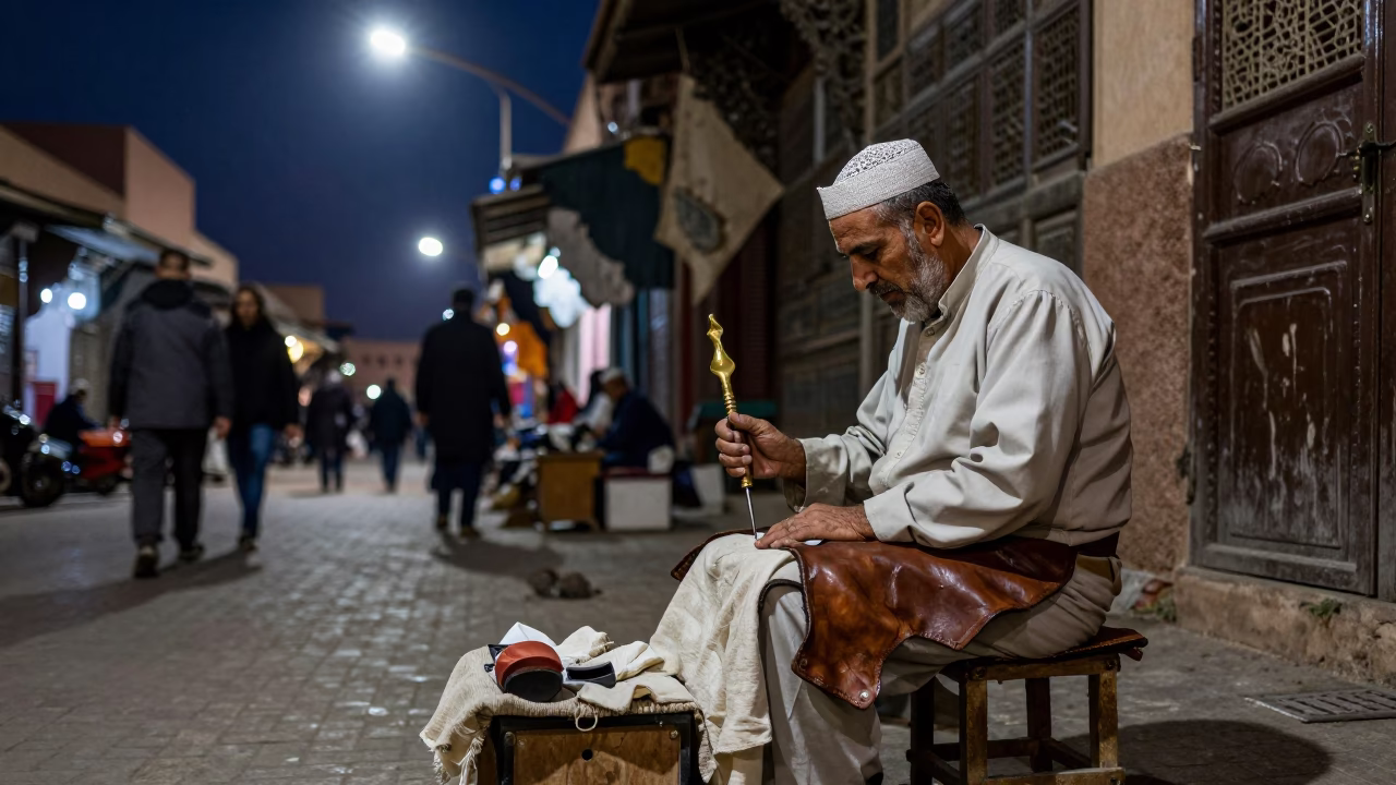 Midnight Marrakech Street Scene with Awl and Linen in Busy Souk in in Marrakech, Morocco